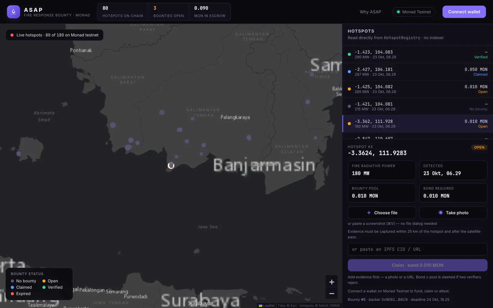 The ASAP map showing fire hotspots read from Monad: 80 hotspots on-chain, 3 bounties open, and the detail panel for hotspot 5 with a 0.010 MON pool and bond.